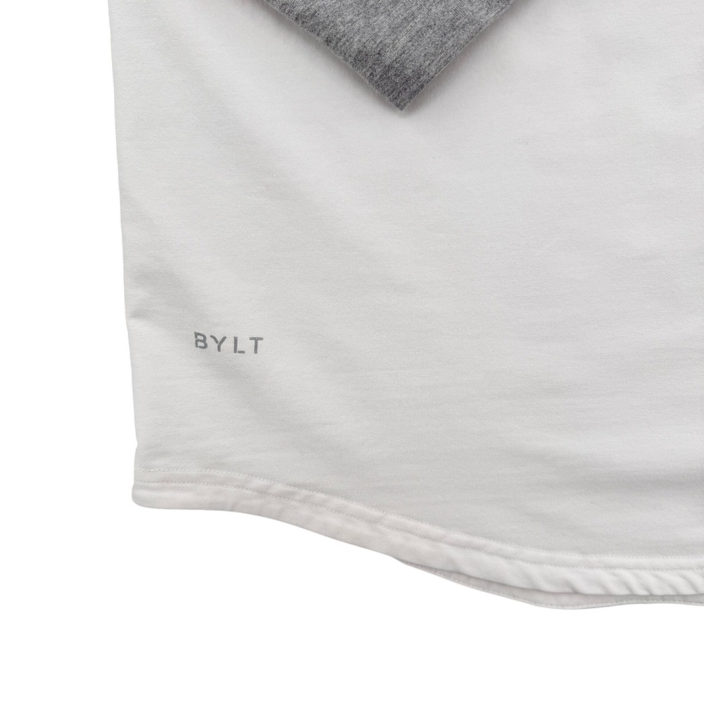 BYLT Drop Cut LS Baseball Lux Shirt Mens Small White Grey Raglan Long Sleeve Tee - Picture 6 of 8